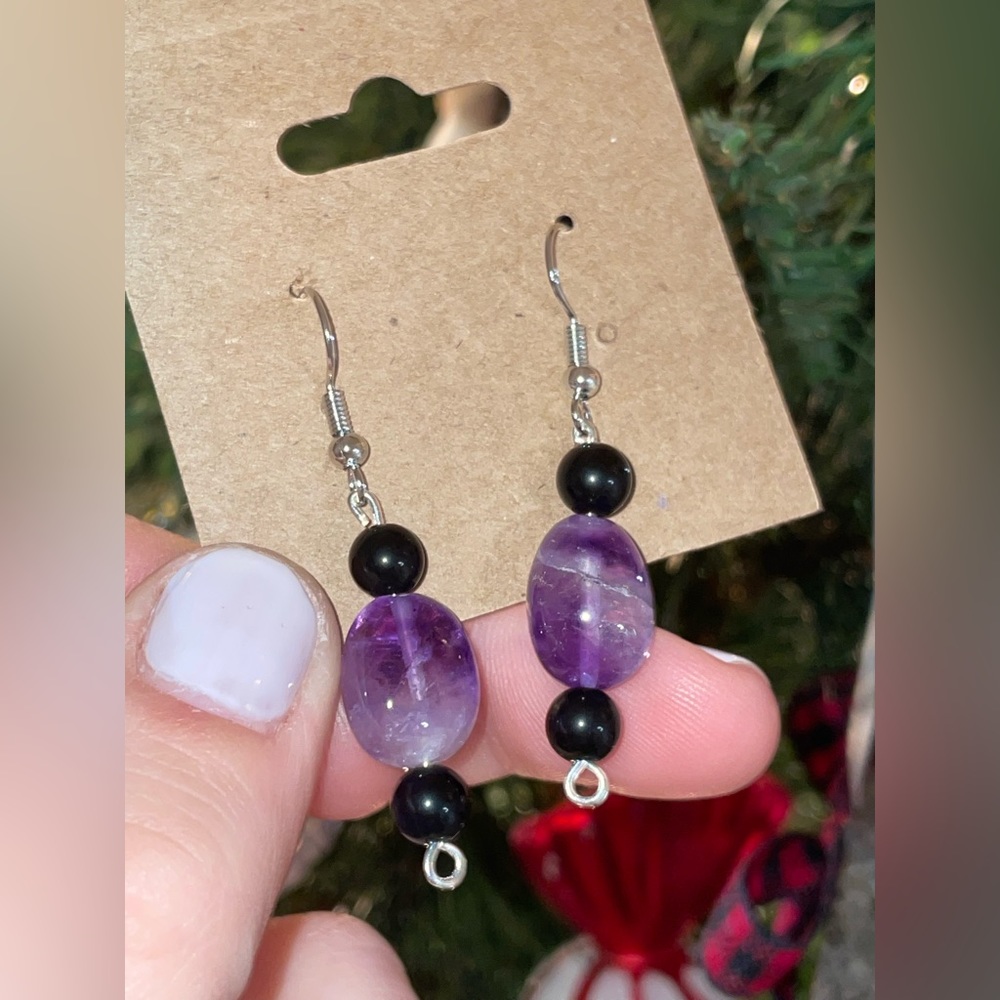 Gemmy Amethyst + Obsidian Beaded Earrings | Hand Crafted Dangles | Crystal - Picture 6 of 6